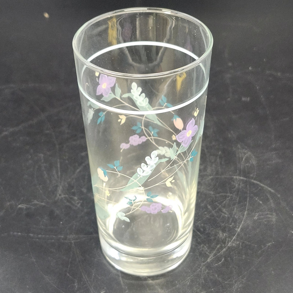 Pfaltzgraff April Floral Highball Tumbler 6.25" Clear Glass Pastel Flowers Vtg