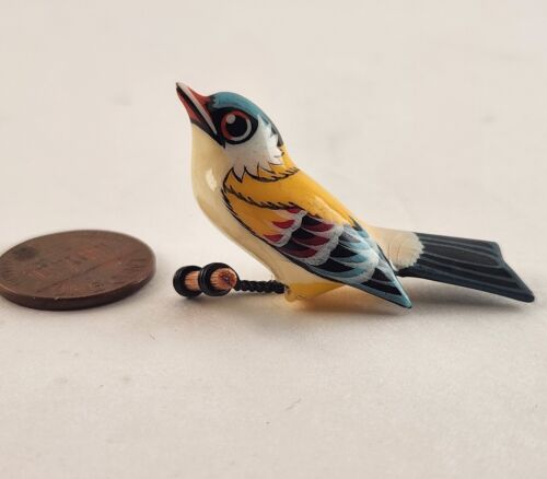 Japanese Takahashi Hand Carved Bird Brooch Pin Hand Painted Vintage