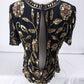 Steney Silk Top Gold Sequin Floral Leaf Short Sleeve Zipper Closure Sz L AS IS