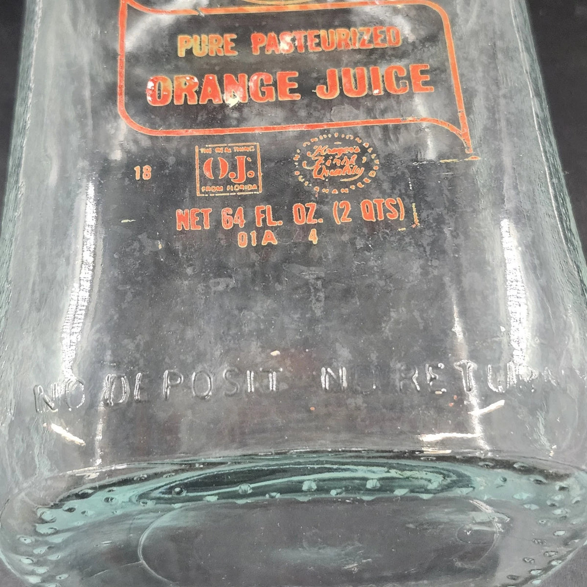 Kroger Orange Juice 64 Oz Empty Glass Bottle ACL Label Original Cap 2 Quart Vtg