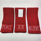 3 Rae Dunn Christmas Red Kitchen Towel Embroidered Peace Joy Believe 100% Cotton