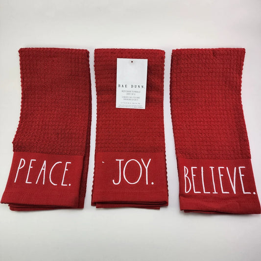 3 Rae Dunn Christmas Red Kitchen Towel Embroidered Peace Joy Believe 100% Cotton