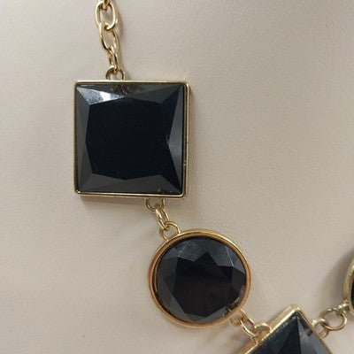 Jessica Simpson Chunky Black Faceted Square & Round in Gold Tone Chain Necklace
