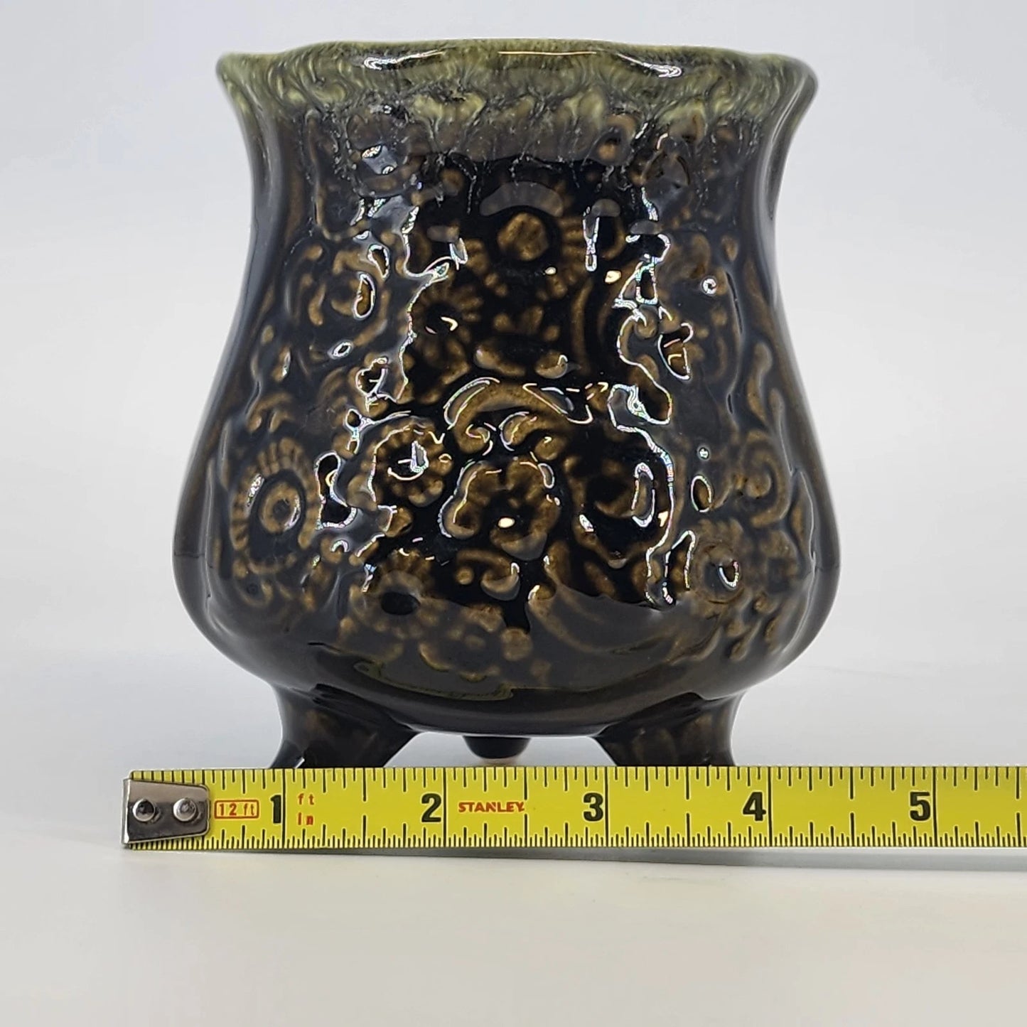 Footed Ceramic Planter Hull USA B34 Green Floral Scroll Mid-Century 5" Chipped