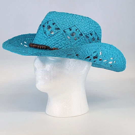 Something Special Turquoise Cowboy Hat Paper Straw Open Weave Brown Beads Boho