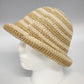Women's Cloche Sun Hat Rolled Brim Cream Tan Striped Woven Paper Cotton OSFM