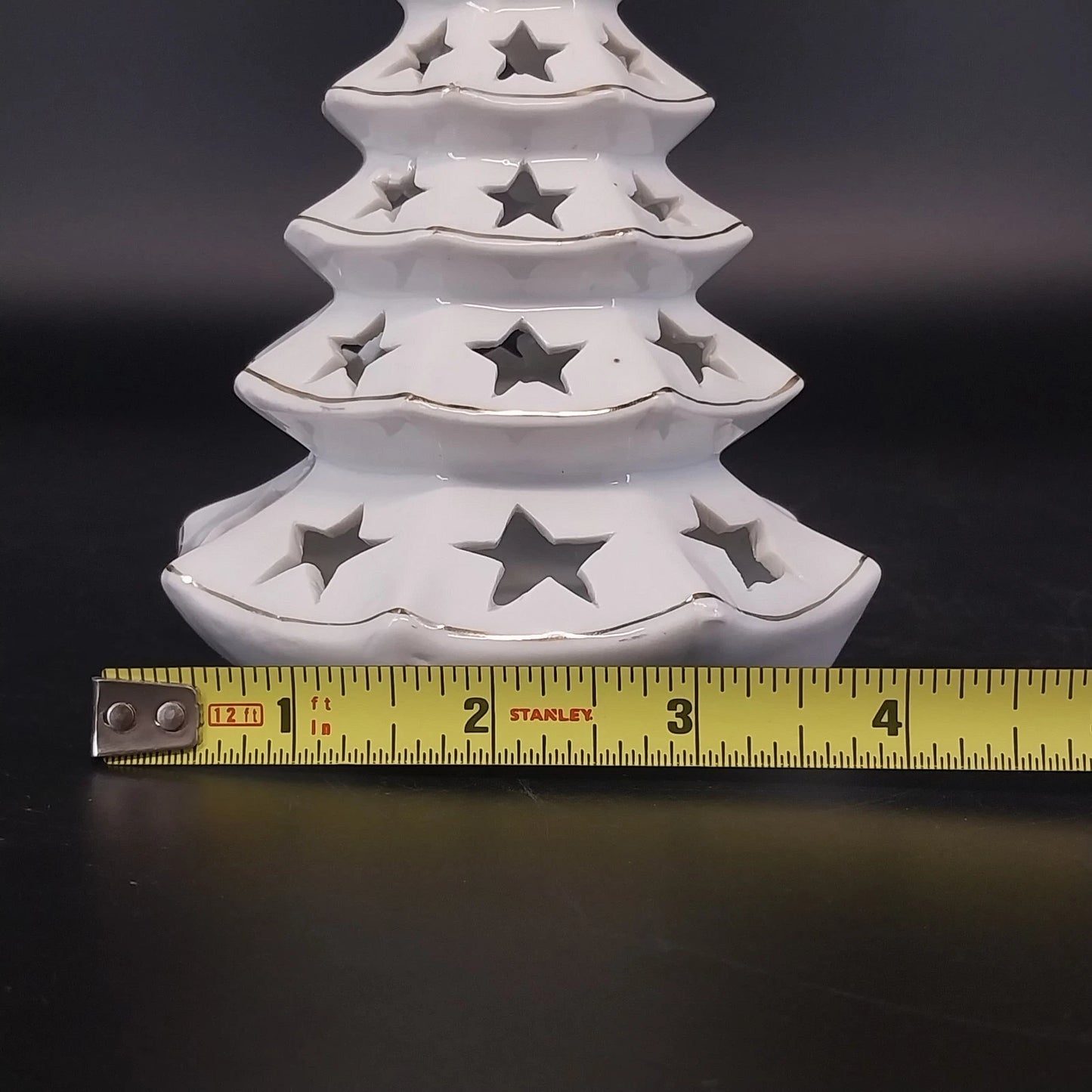 White Ceramic Christmas Tree Tea Light Holder Gold Star Cutouts 6.5" Holiday