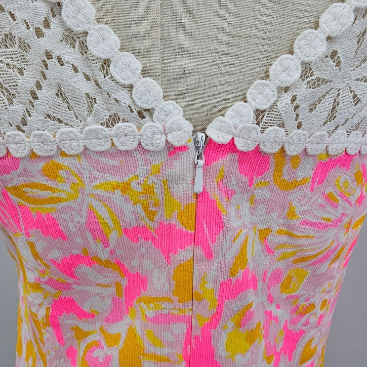 Lilly Pulitzer Sz 8 Pink White Lace Lined Back Zip Sleeveless Retro Dress