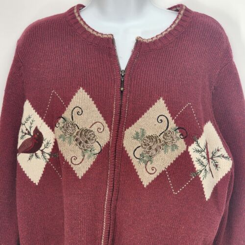 Red Closed Knit Zip Up Cardigan W Birds/Flower Pattern Petite NOS Croft&Barrow