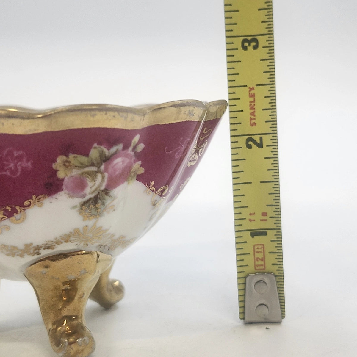 O&EG Royal Austria Porcelain Footed Bowl 3.75" Pink Gold Floral Scalloped Ribbed
