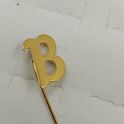 Gold Tone B Stick Pin with Crystal Rhinestone & Wooden Letter B Brooch Lapel