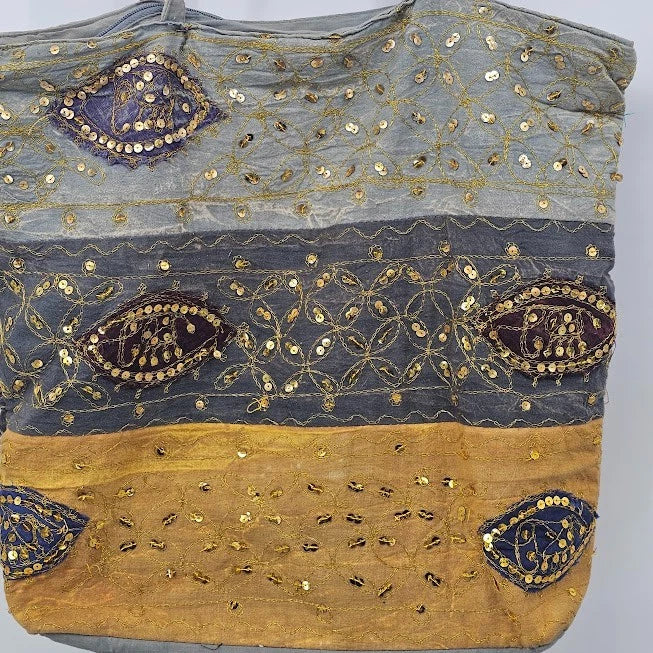 Boho Sequin Denim Cotton Tote Bag India Sparkle Blue Shoulder Purse Artisan 14"