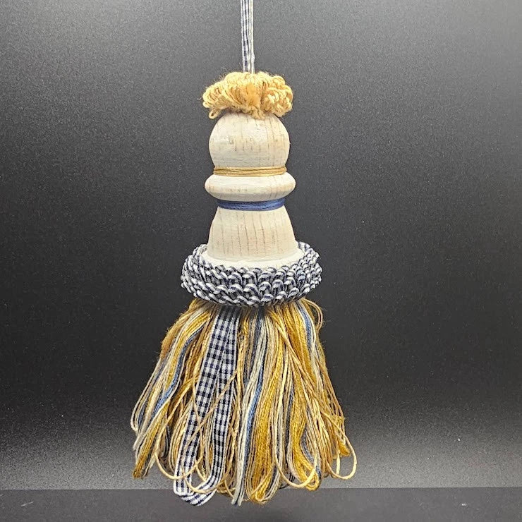 2 Tassel Tie-Back Elegant Country Curtain Tie-Back Blue Gold Craft Wood Cord Vtg