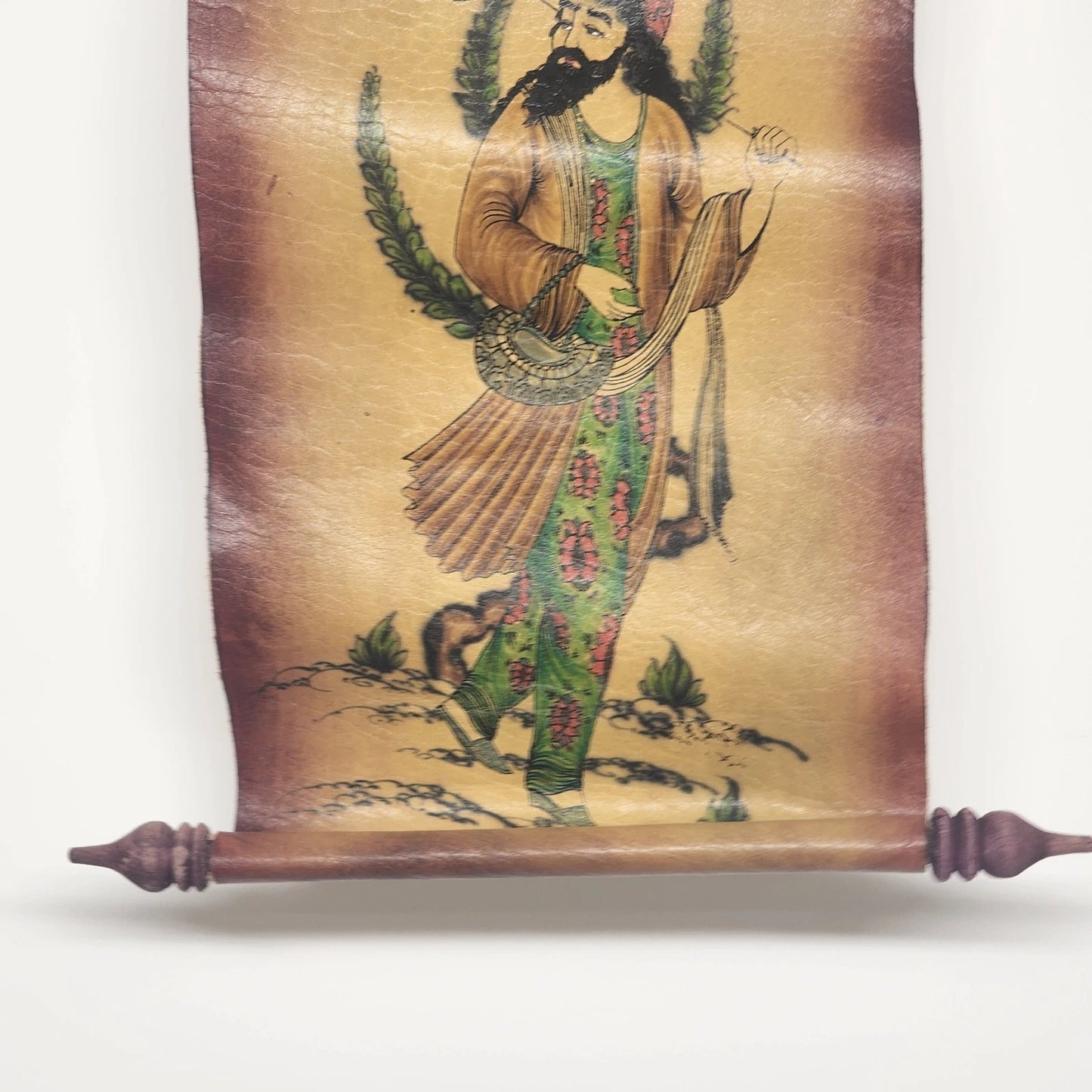 Persian Style Painting Leather Scroll Man Portrait Middle Eastern Wall Art 12"