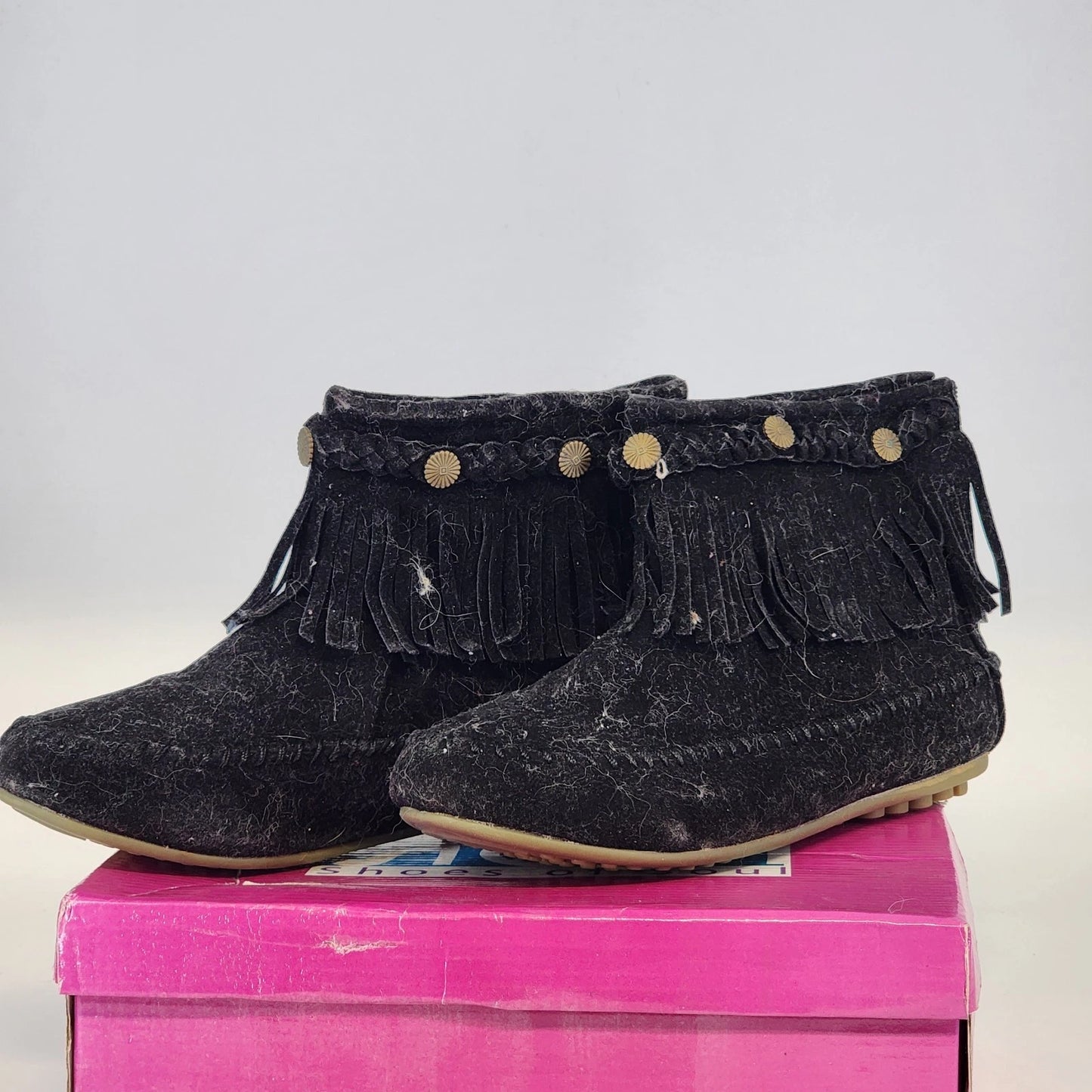 Shoes of Souls Black Fringe Moccasin Ankle Boots Women Size 9