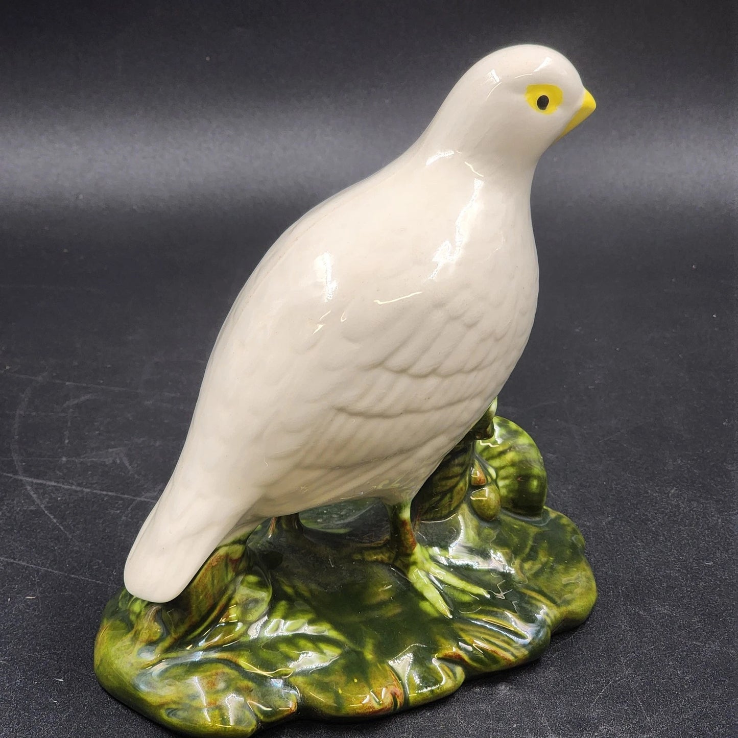 Ceramic Bird Figurine White Partridge on Green Foliage by Cort's Ceramics 7.5"h