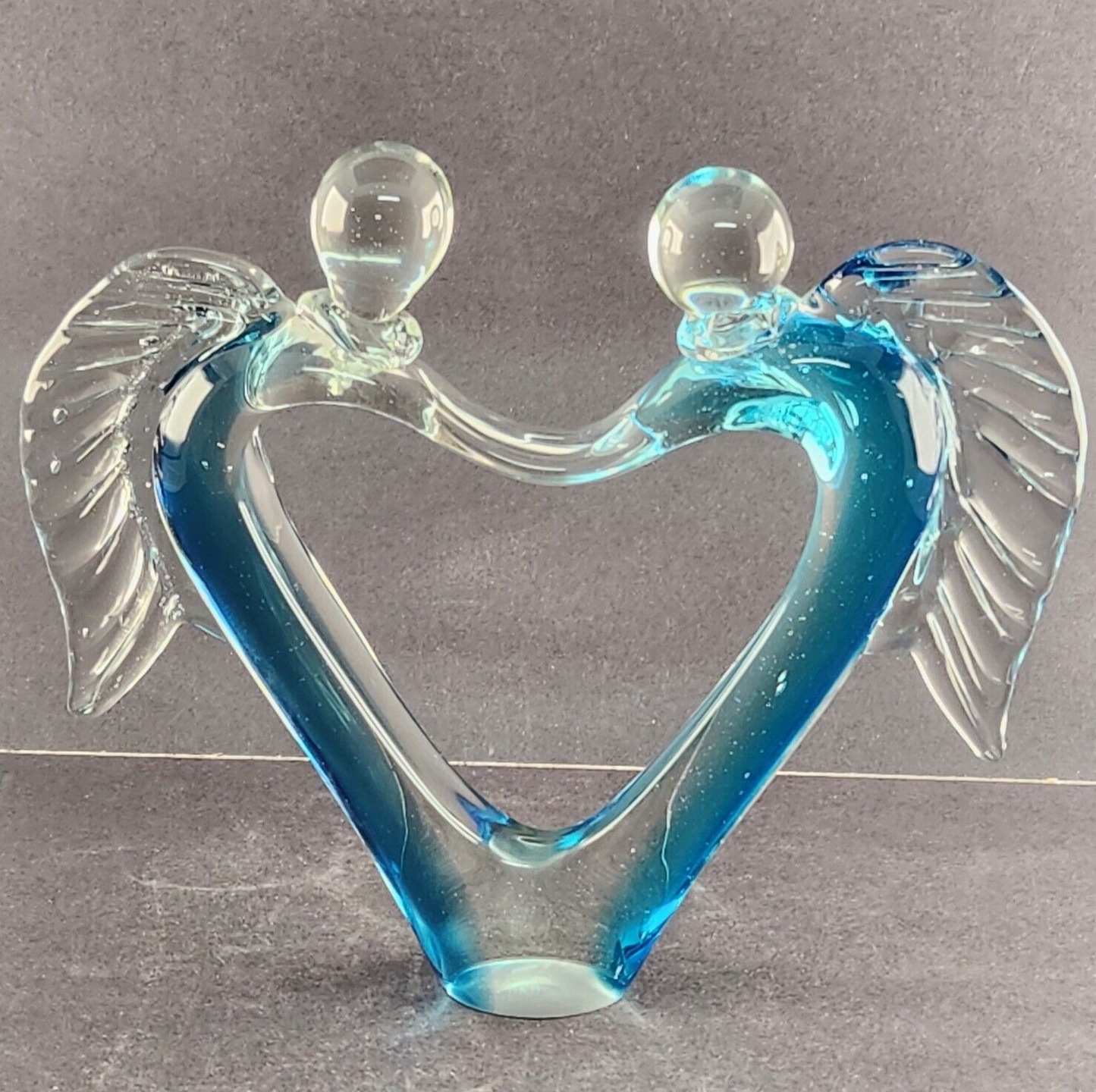 Dual Angel & Heart Murano Glass Sculpture Blue and Clear 11.5" Wide x 10" High