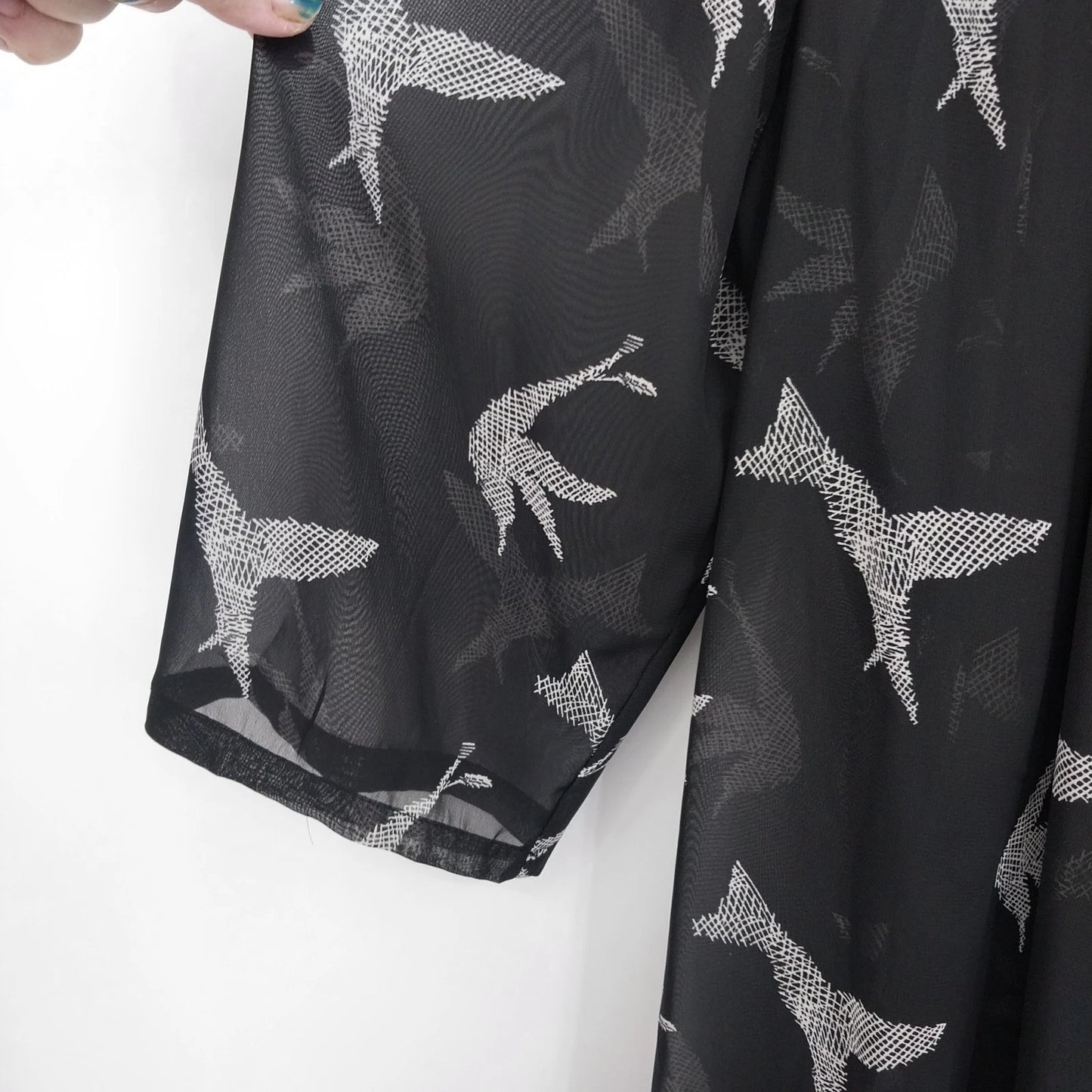 Black Rainn Sheer Kimono Cardigan Women's XL Bird Print Open Front Black White