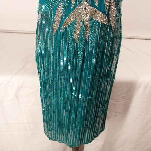 Carina Silk Sequined Top Teal Evening Dress Size L Zipper Hook/Loop Back AS IS