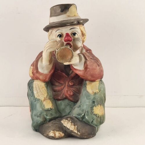 Sun Saint Porcelain Hobo Clown w Horn Music Box 6.5" Taiwan Plays Barrel of Fun