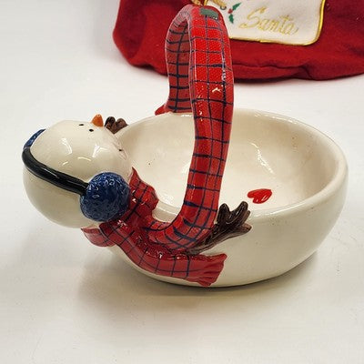 St. Nicholas Square Snowman Basket Candy Dish Button Up with Stocking China 7"