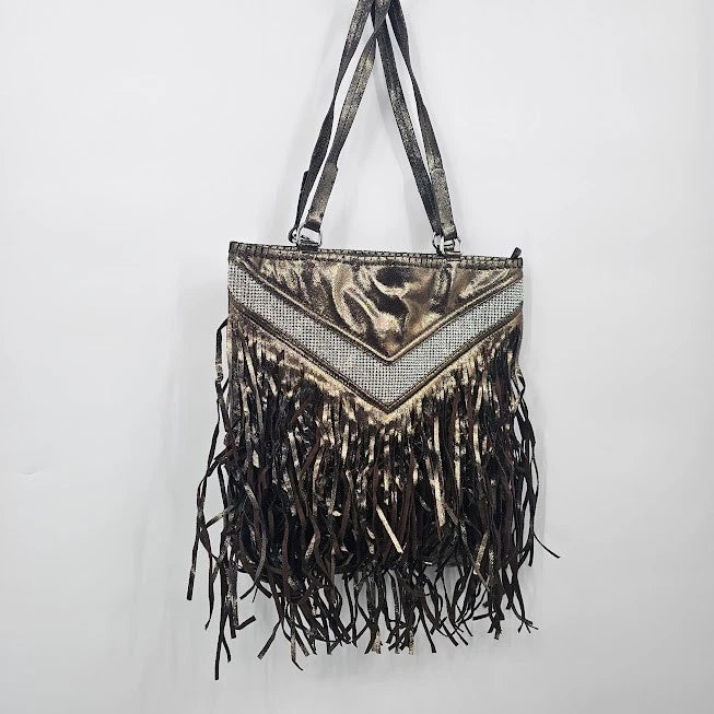Charming Charlie Gray Fringe Handbag Shimmering Bling Y2K Shoulder Bag Boho 14"