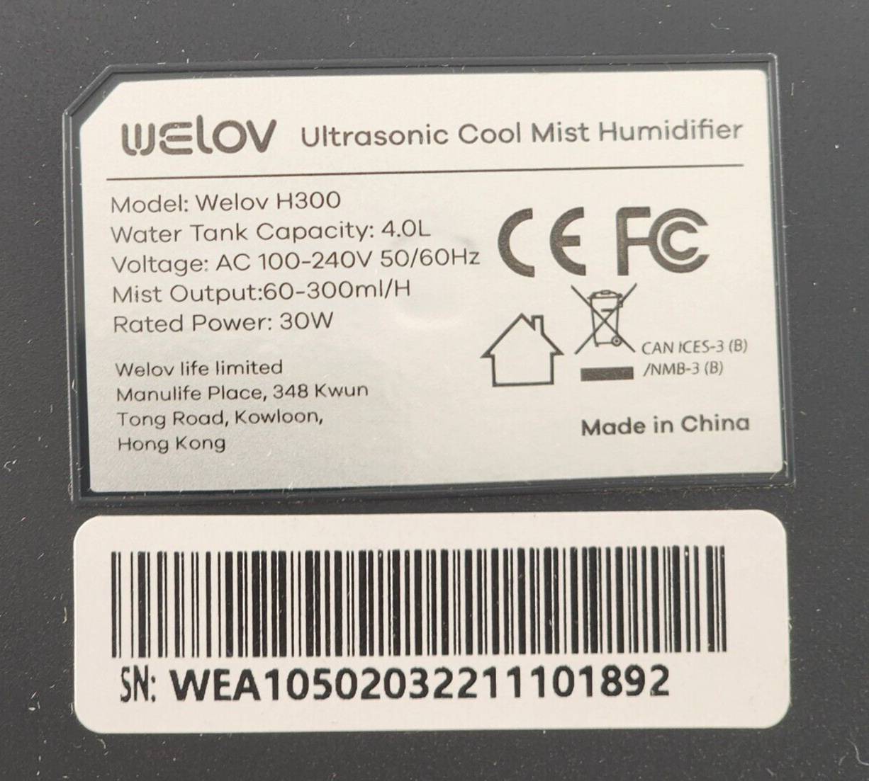 Welov Humidifier Cool Mist White Ultrasonic H-300 Open Box Tested Instructions