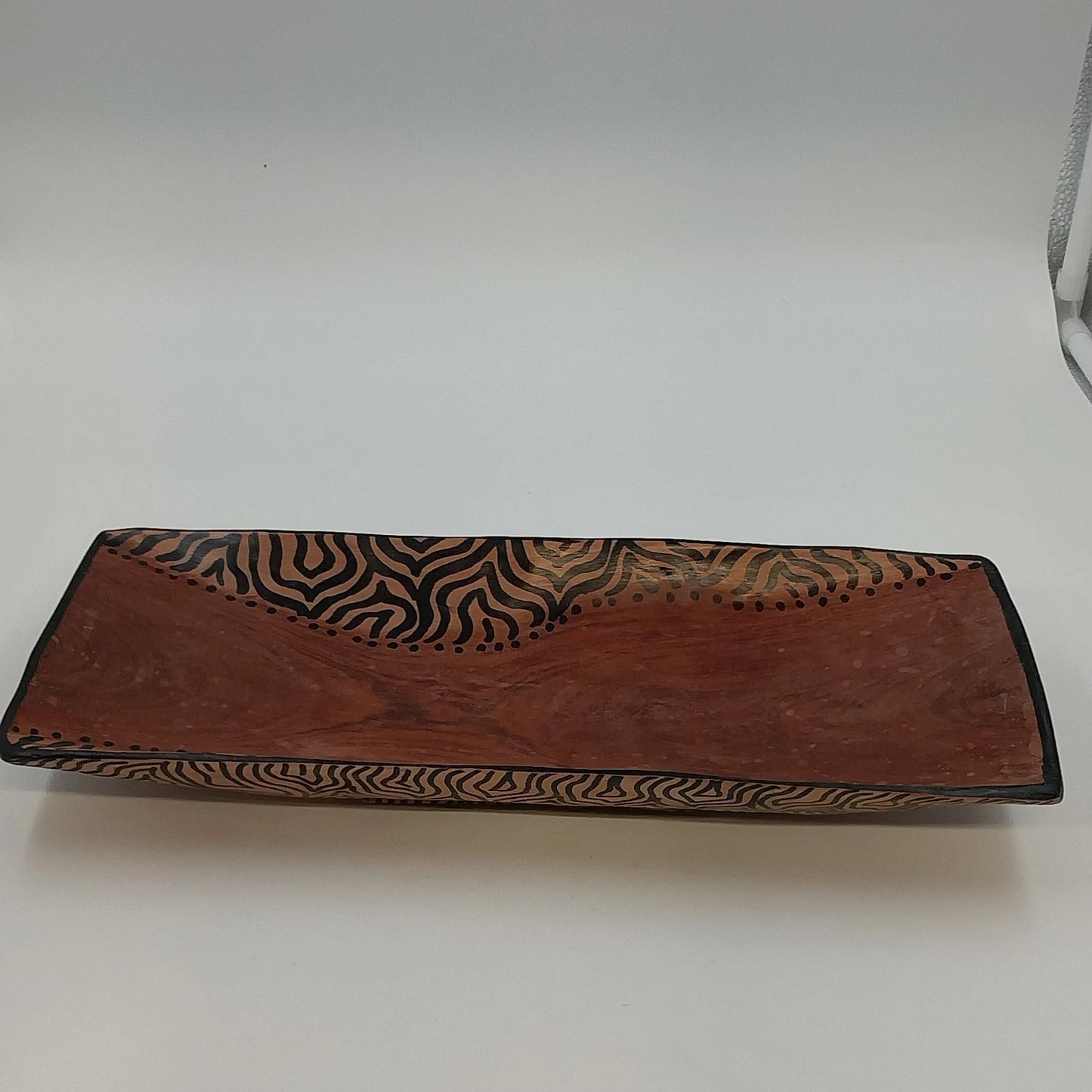 South African Hand Carved Wood Serving Bowl Tray Painted Zebra Pattern 15" x 6"