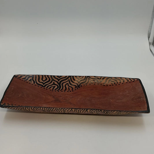 South African Hand Carved Wood Serving Bowl Tray Painted Zebra Pattern 15" x 6"