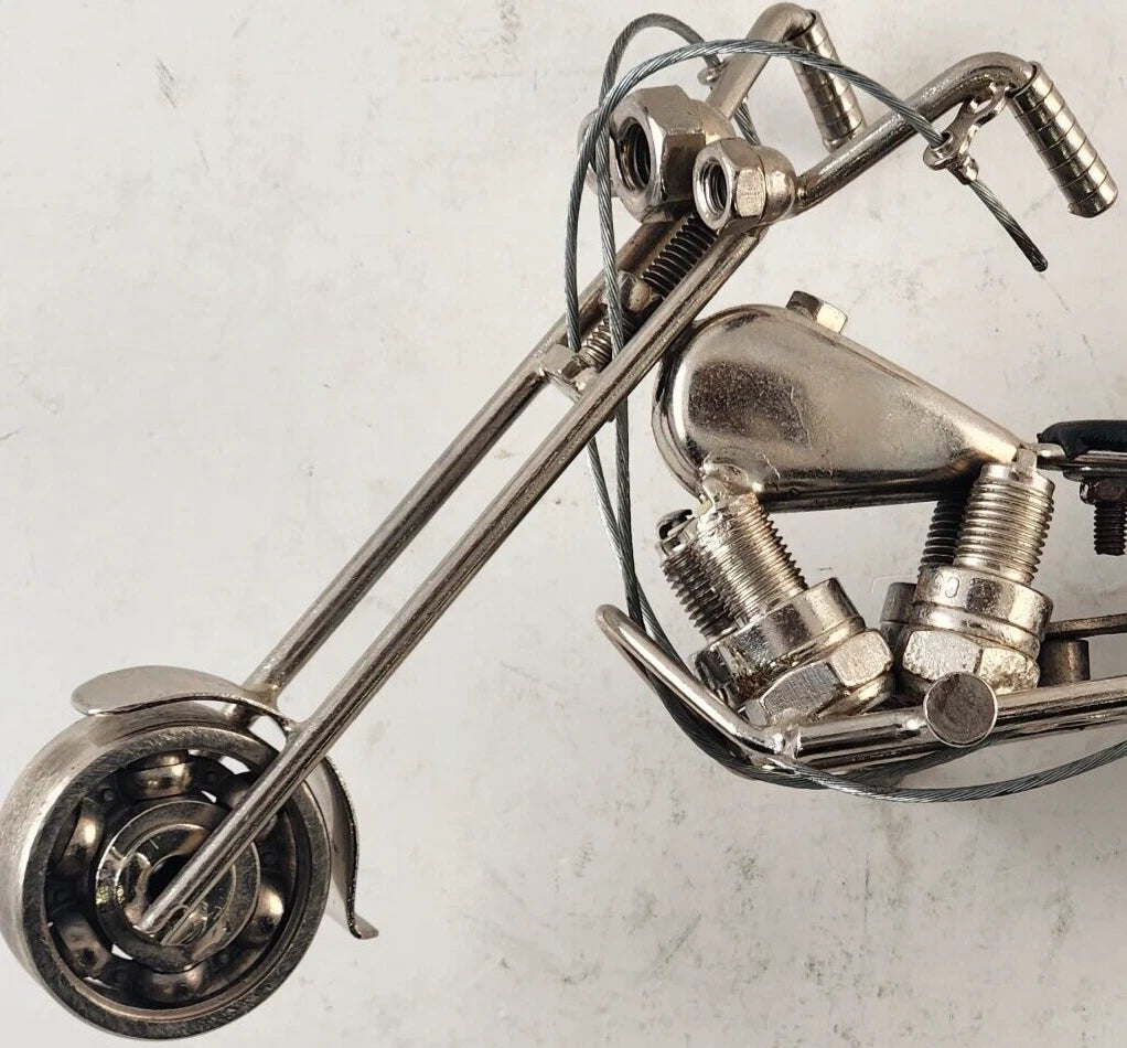 Metal Scrap Art Chopper Motorcycle Sculpture Spark Plug Nut Bolt Figurine 7.5"