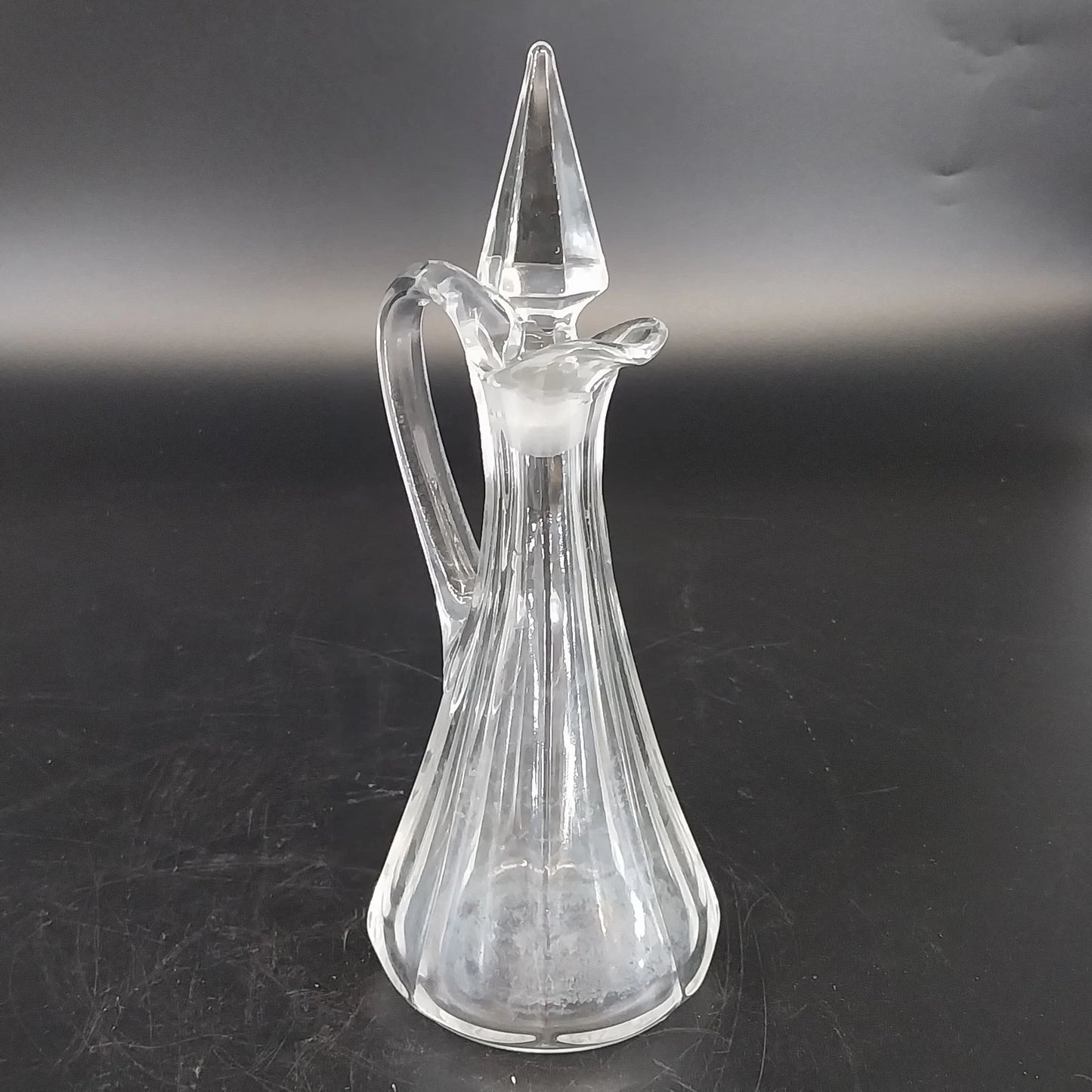 Etched Cut Clear Glass Cruet Multi Faceted Stopper Clear Glass Antique