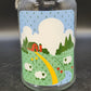 Anchor Hocking Nina Farm Scene Sheep Glass Canister Blue Lid 1982 Vintage