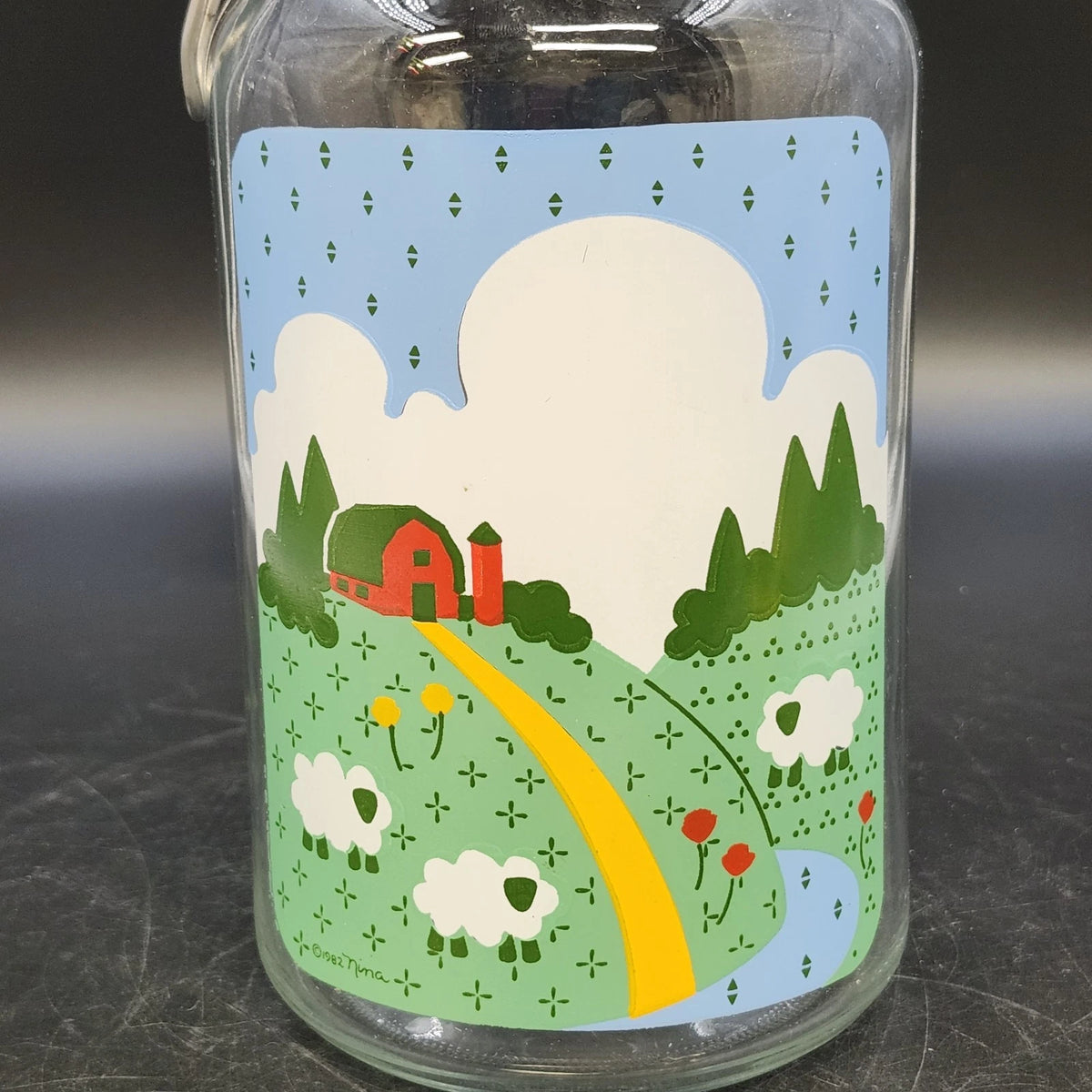 Anchor Hocking Nina Farm Scene Sheep Glass Canister Blue Lid 1982 Vintage