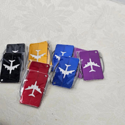 Set of 10 multicolor aluminum luggage tags with airplane designs and cable locks
