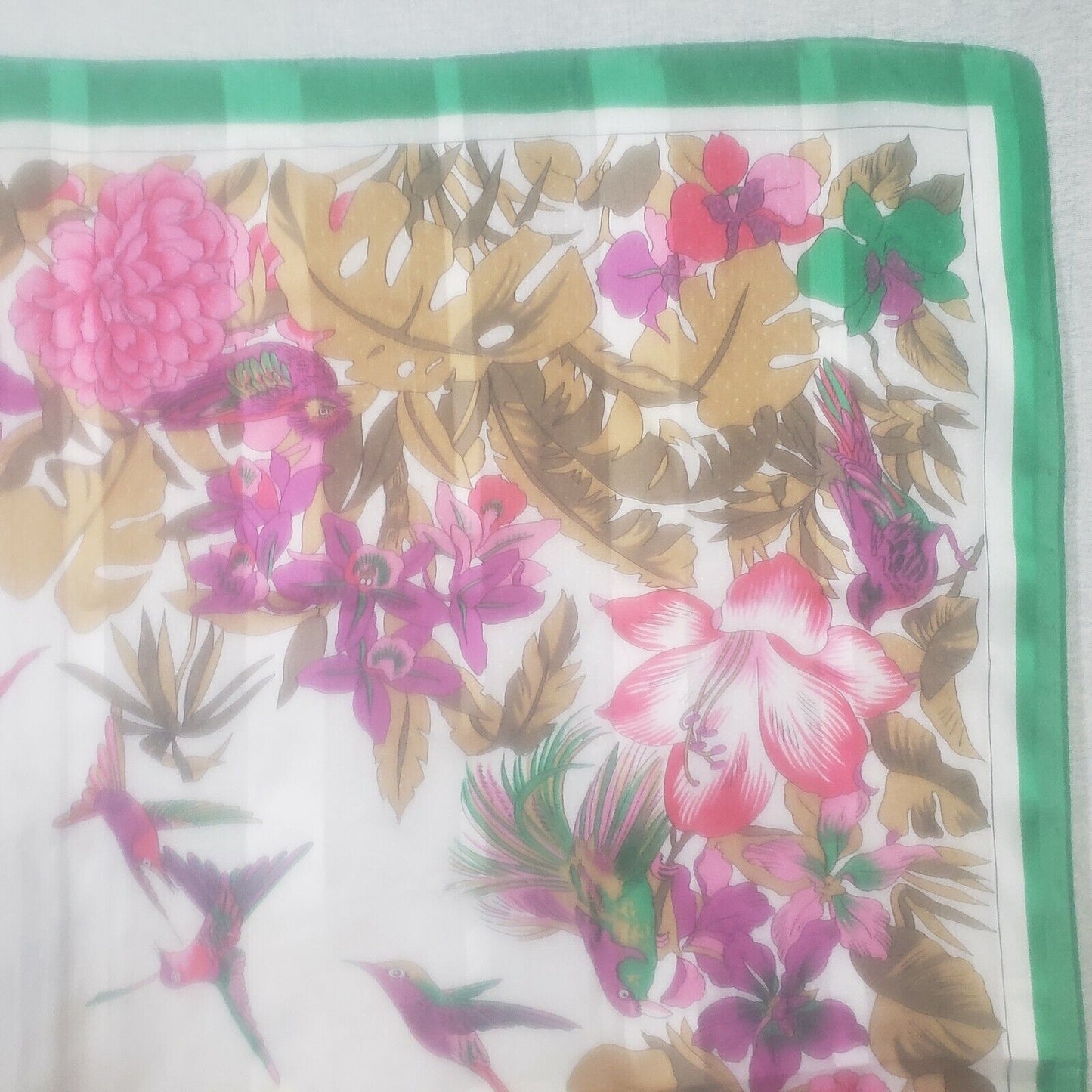 Head Scarf Polyester Green Purple Hummingbird Floral Print 31" Bandana Italy
