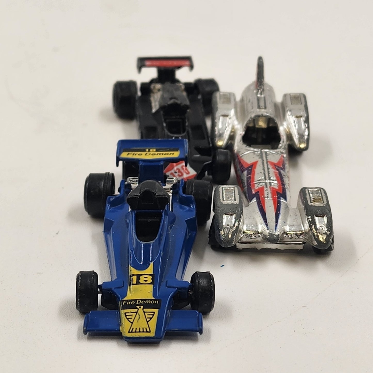 3 Hot Wheels Silver Turbo Tram Blue Fire Demon Black Tornado Diecast Race Cars