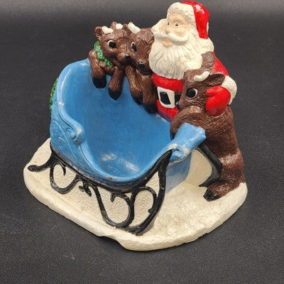 Ceramic Santa Claus & 3 Reindeer with Blue Sleigh Candy Dish Decor