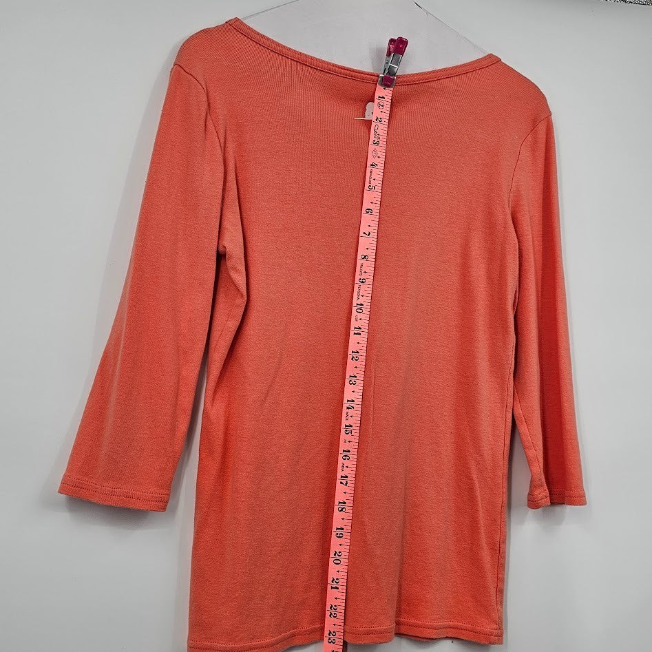 DKNY Jeans Women’s Medium Dream Tee Peach Orange Floral Graphic V-Neck 3/4 Sleeve Top