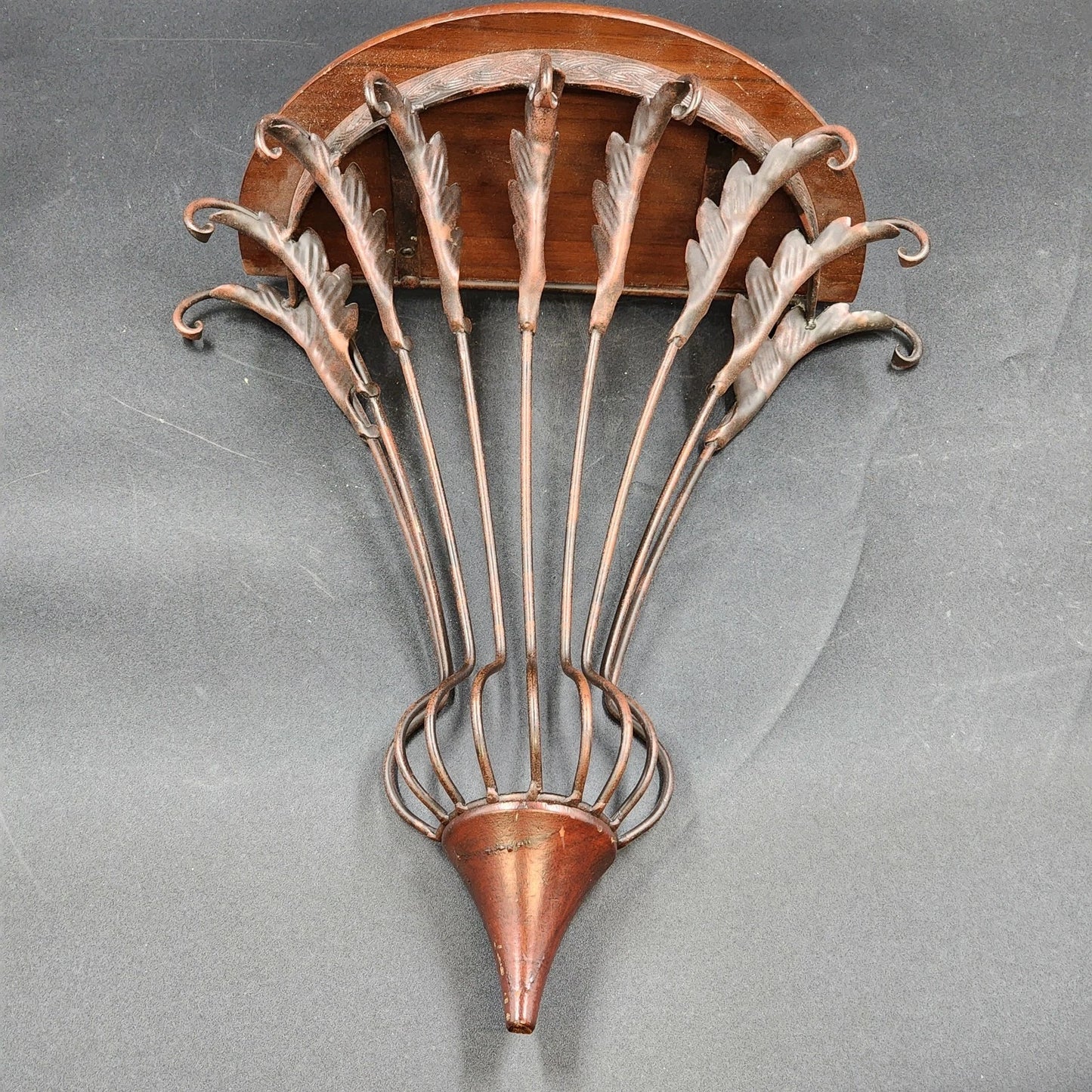 Half-Round Floating Wall Shelf Dark Wood Top Ornamental Metal Support 16.5"