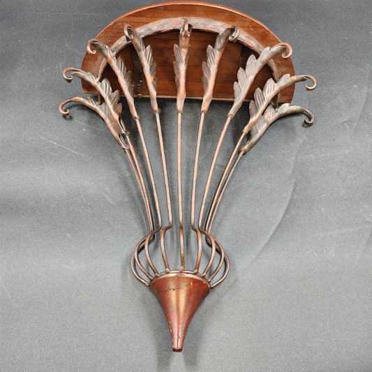 Half-Round Floating Wall Shelf Dark Wood Top Ornamental Metal Support 16.5"