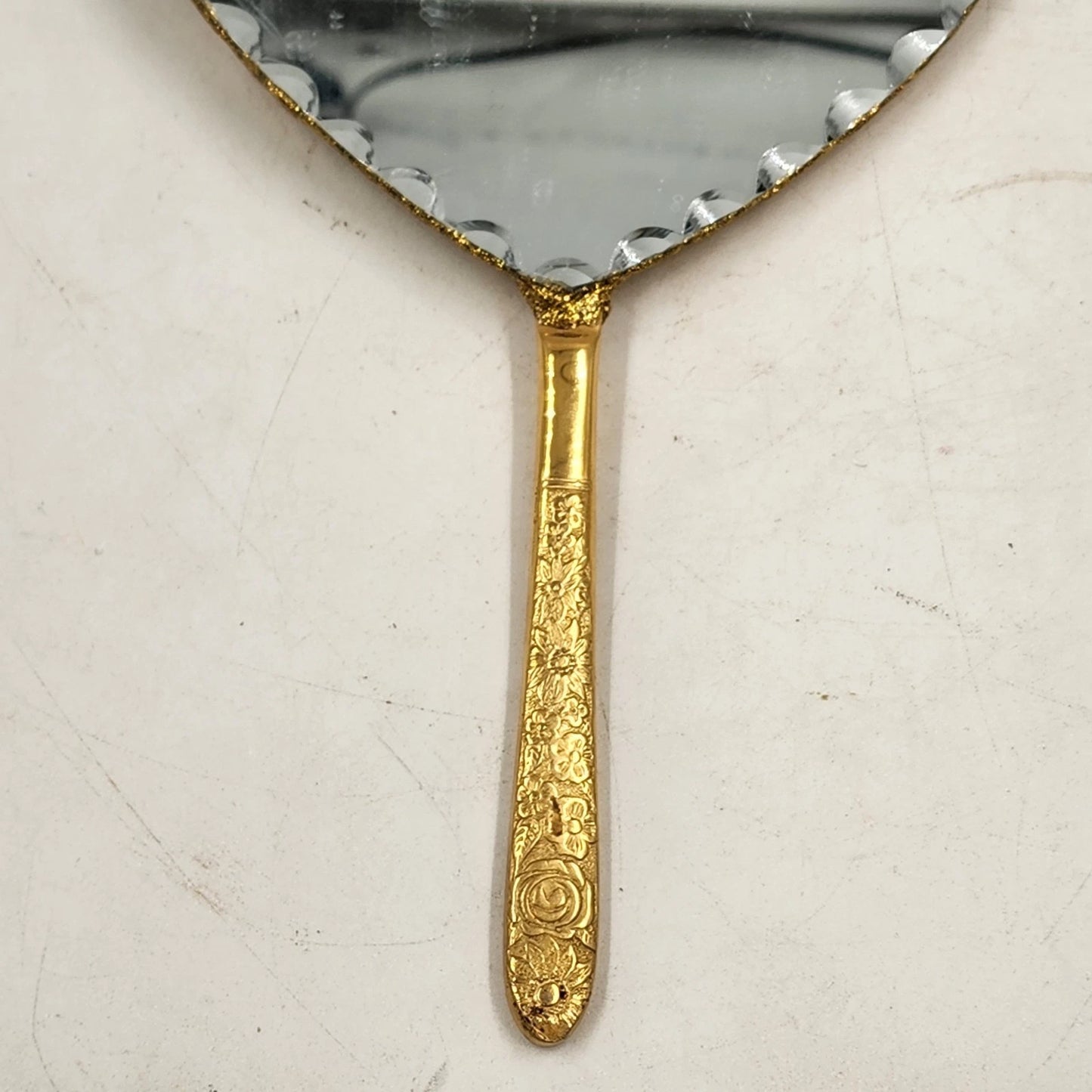 Ornate Vanity Hand Mirror Hand Crafted Upcycle Heart Shape Beveled Glass