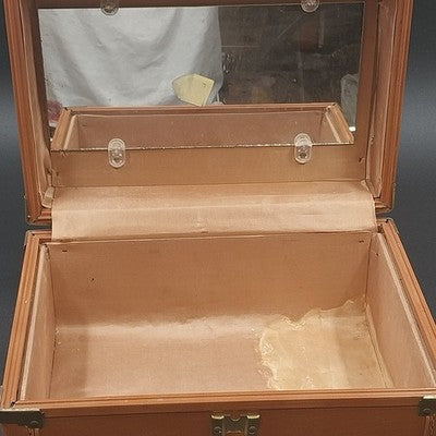 Brown Naugahyde Overnight Train Makeup Case 12" Mirror Liner Water Damage 1950s
