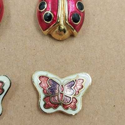 Set of 2 Pairs Earrings Butterfly White Pink & Ladybug Red Black Gold Tone
