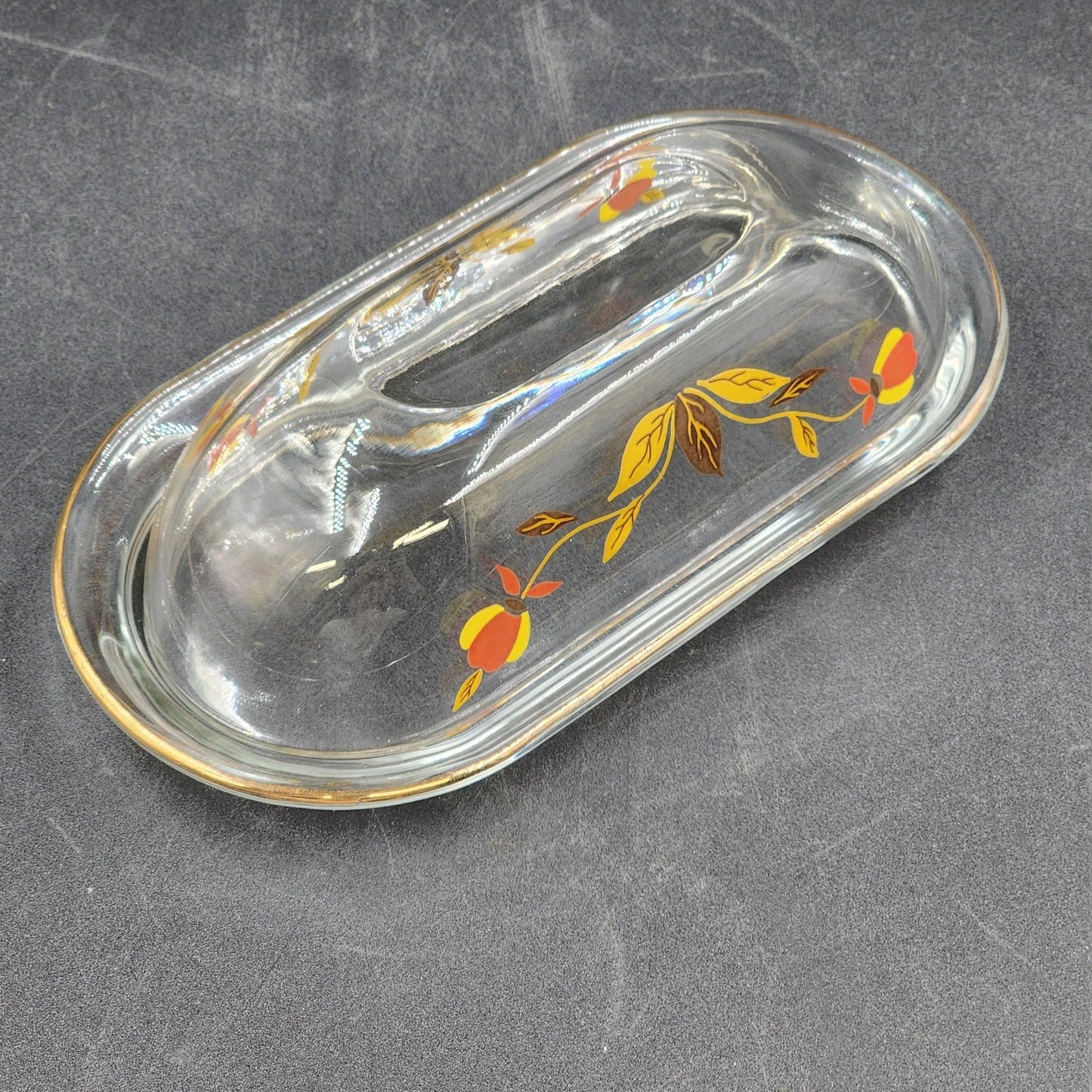 Autumn Leaf Glass Covered Butter Dish 1/4 Lb Hall's Superior Jewel Tea MCM Vtg