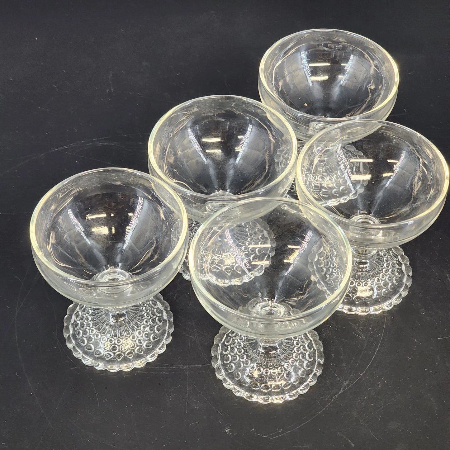 5 Anchor Hocking Bubble Foot Champagne Glasses 4" Mid Century Barware Set Vtg
