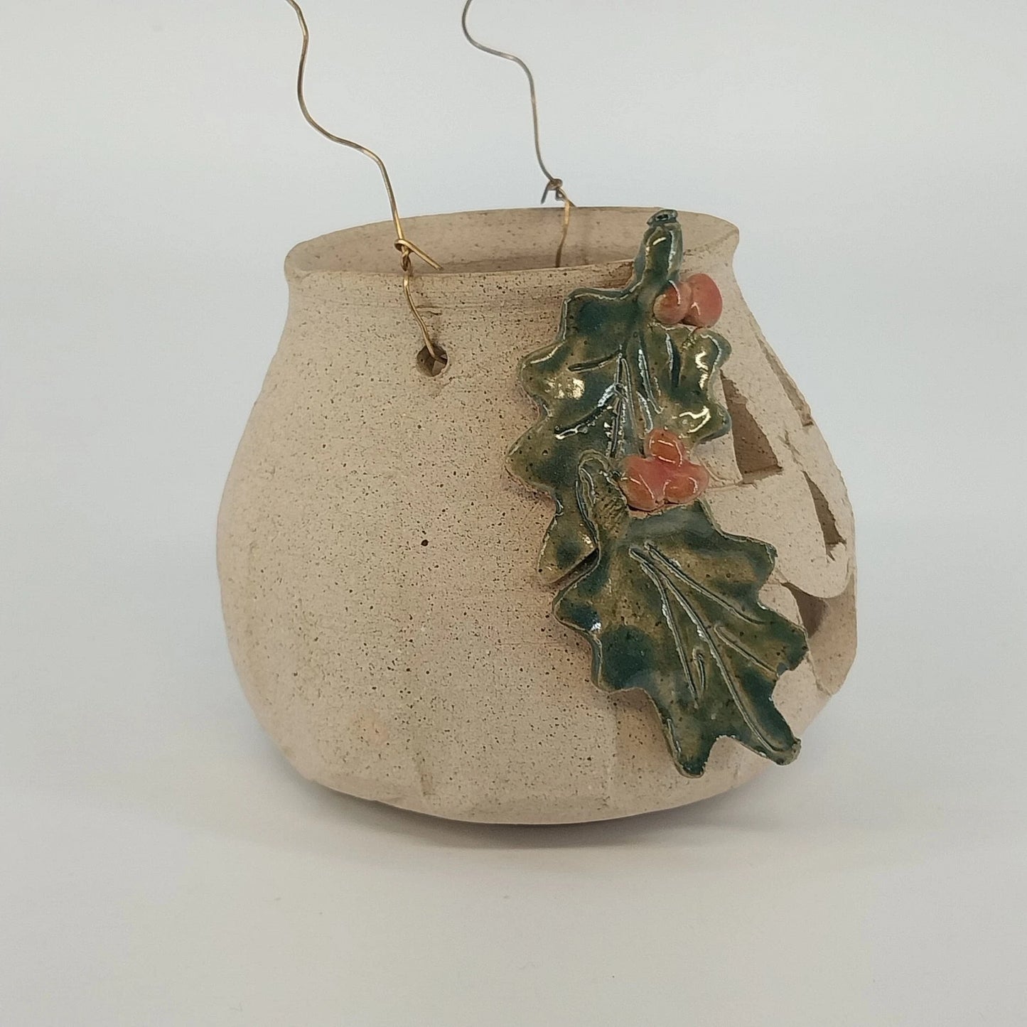 Handmade Studio Pottery Jack O Lantern Holly Candle Luminary 4" Vintage