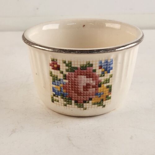 Hotoven Harker Pottery Cooking Ware 2" Cup Cross Stitch Pattern w Silver Rim