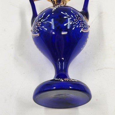 Art Nouveau Bohemian Cobalt Blue Glass Vase with Heavy Gold Gilding – 8" Tall – Dual Handles & Globe Top – Vintage European Display Piece