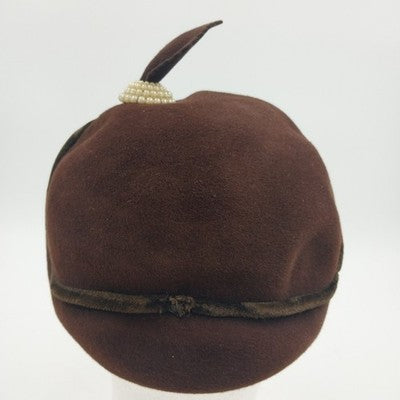 Genuine Velour Ladies Brown Felt Hat with Leaf and Round White Pearl Accent