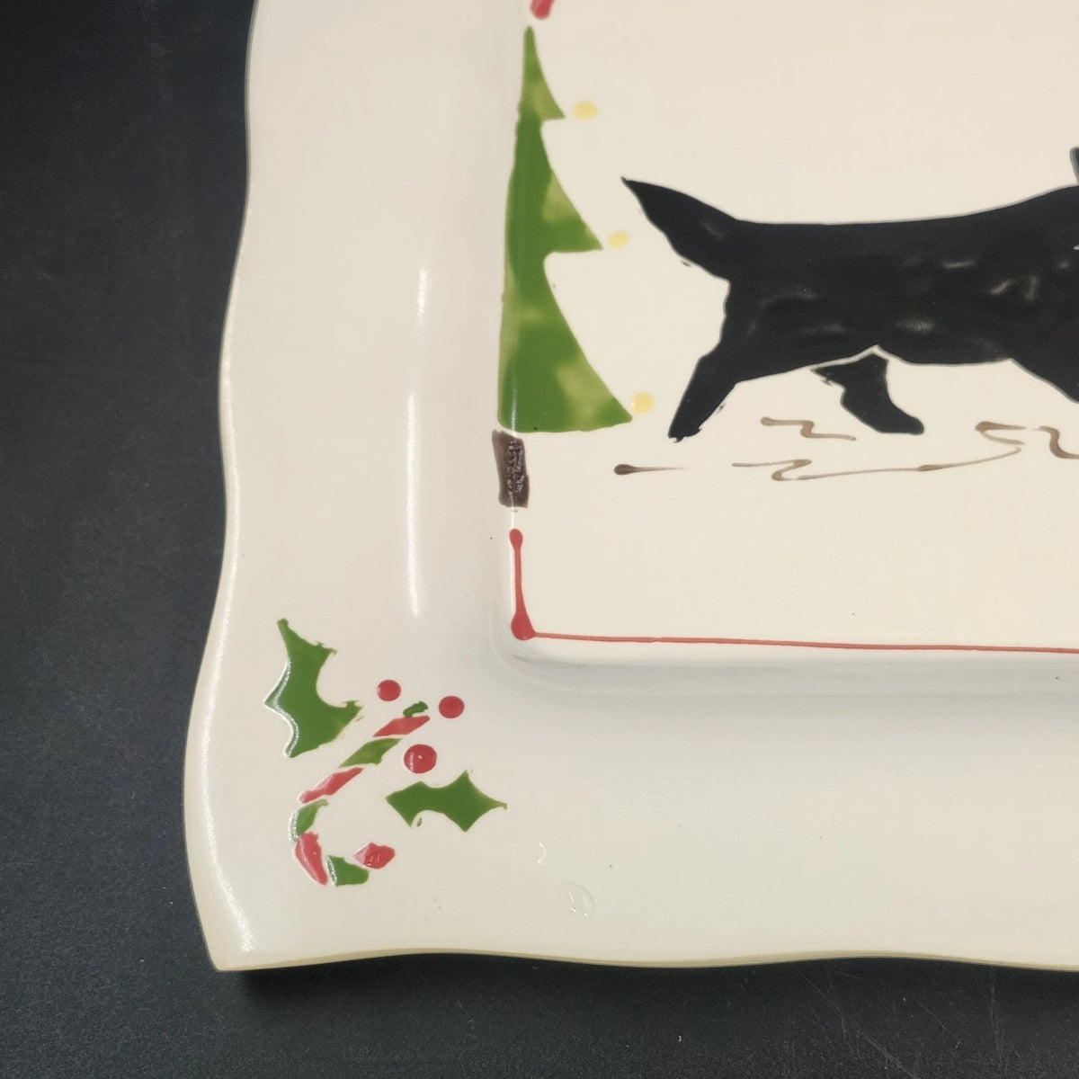 Prairie Dog Pottery Black Newfoundland Candy Cane Christmas Plate 9.25" Square